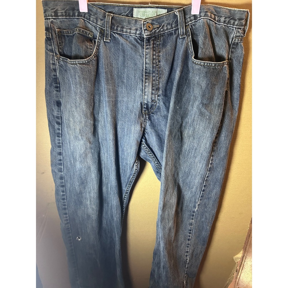Wrangler Jeans Co Straight Fit Mens 38x30 Blue Medium Wash Good Distressed Denim